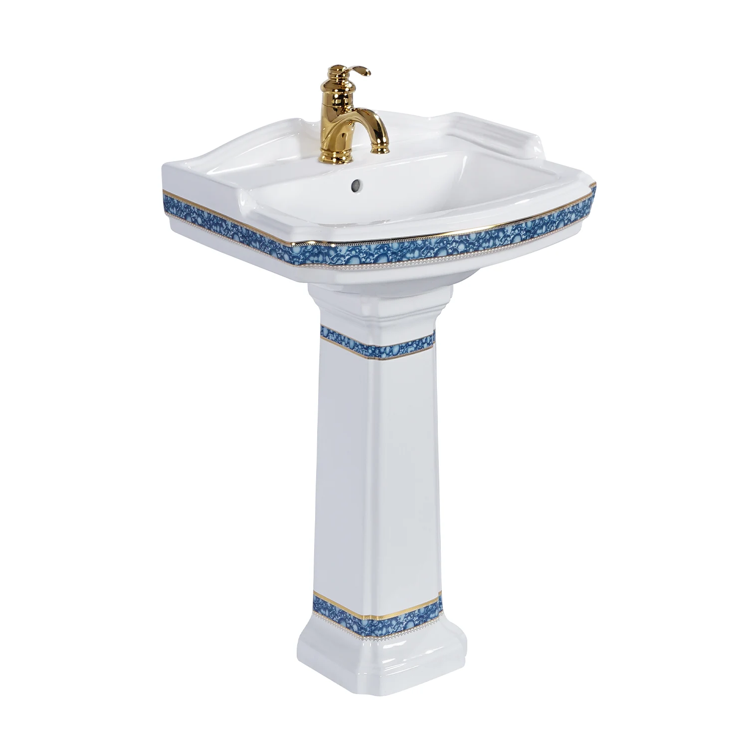 Lavatory luxurious American classic blue and gold pattern finish ceramic bathroom pedestal sink MB-2068-BG, produced by meilong ceramics company